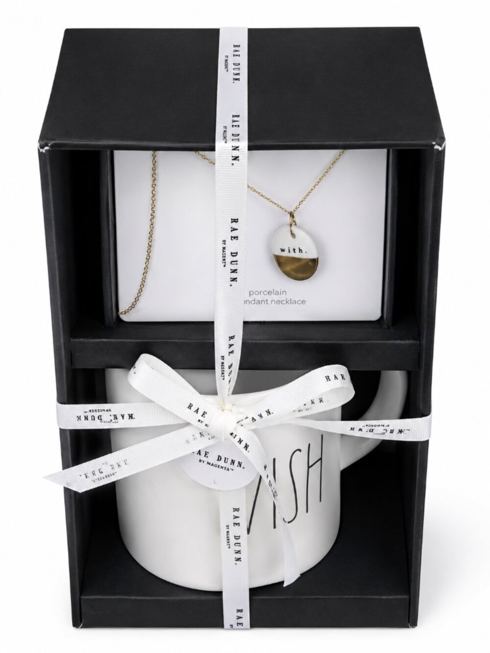 Rae Dunn "Wish" White 16oz Ceramic Mug Set with Porcelain Necklace